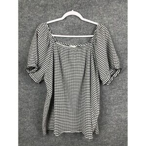 Gingham Blouse Women 18/20W Black White Great Puff Sleeve Top